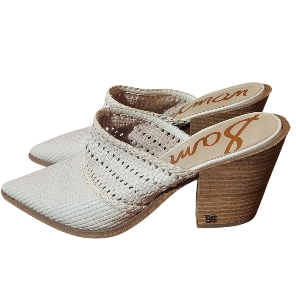 Sam Edelman Lillianna Ivory Woven Leather Pointed Slip On Block Heel Mules Sz 10